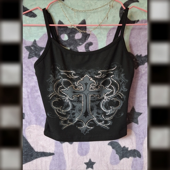 Black Crop Cami - Rhinestone Cross -  XS Goth Grunge - Picture 2 of 3